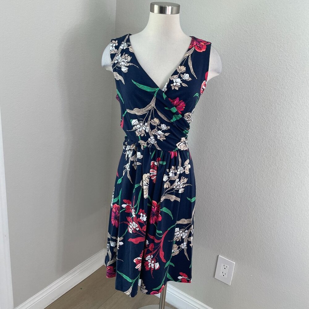 Lands End Womens Medium Floral Wrap Style Dress Sleeveless Pima Cotton Blend